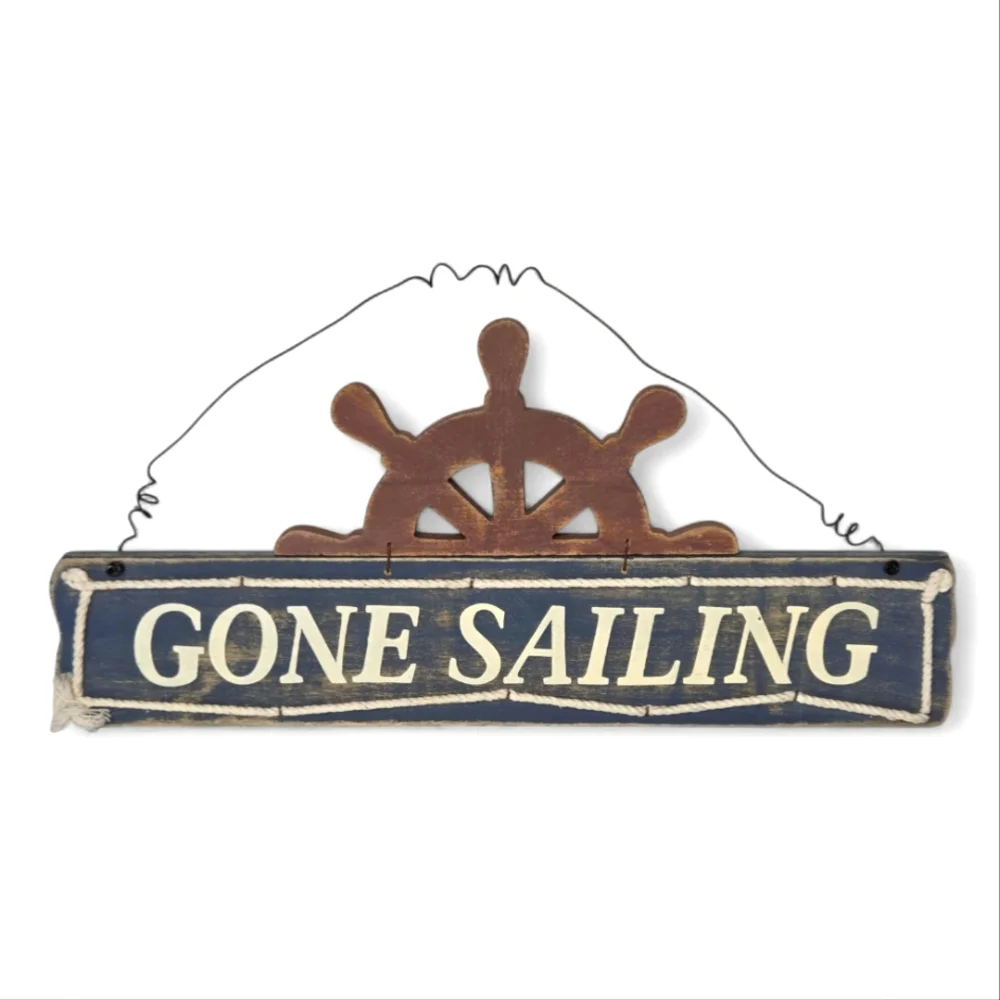 Gone Sailing Nautical Wood Wall Sign Ship Wheel Coastal Beach House Decor Blue